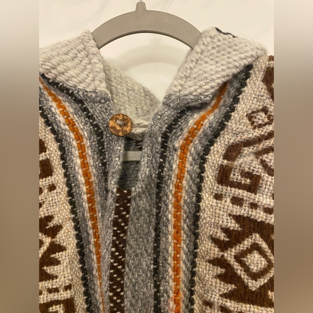 Poncho Hoodie No Size Grey w/Aztec Designs Handcrafted Button V-neck Closure - Picture 2 of 5